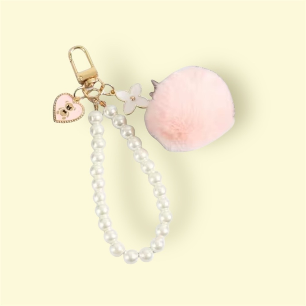 Pink Pom Pom Keychain with Pearl Beads
